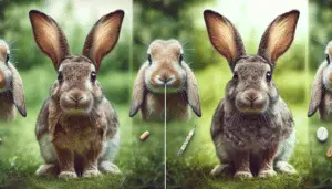 Generate a detailed image of a healthy rabbit on the left side, standing alert with its ears perked up and eyes bright, and an unwell rabbit on the right side, depicted with drooping ears and dull eyes. Avoid colloquial signs of illness like a thermometer or a bandage. Set the scene in a natural ambiance, like a grassy meadow, with no text, brand names, logos, or human presence.