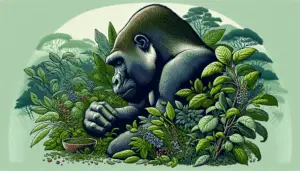 An illustrative representation of a gorilla in its natural habitat, indulging in its diet which mainly consists of leaves, stems, and fruits. The lush greenery of the forest forms the background, and near the gorilla, a variety of plant species are visible, depicting the gorilla's food sources. The gorilla is depicted in a way to emphasize its strong physique and peaceful demeanor. Remember to keep this image free from human presence, any form of text, logos, or brand names.