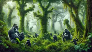 An image displaying the natural habitat of gorillas, consisting of lush green rainforests with high canopy trees, vines, and abundant foliage. Dense mist lingers around the treetops. Several gorillas are seen in their natural behavior such as a silverback gorilla showing its dominancy, a mother gorilla nurturing her baby, and young gorillas playing around. There are no humans or man-made objects in the scene. The image is free from text, logos, and brand names.