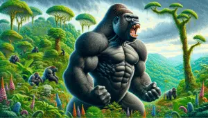 A detailed and vivid depiction of a strong gorilla in its natural habitat, standing tall on a lush, green landscape. The gorilla is in the midst of pounding its chest fiercely, its facial expression suggesting a mix of power and passion. Surrounding the gorilla, there's a variety of tropical vegetation, ripe with diverse, vibrant flora, and a soft blue sky visible in the background. No people, text, brand names, or logos are visible in the scene.