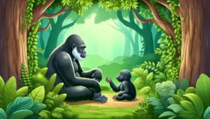 A scene in the jungle illustrating the lifespan of gorillas. Show an adult gorilla peacefully sitting amidst lush green foliage, observing her young playing. Next to her, visualize an elder gorilla with slight grayness in fur, suggesting the longevity of these primates. Ensure no text, human figures, brand names or logos are included in the image.