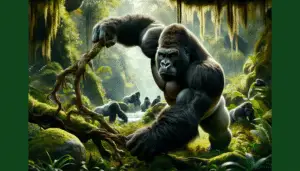 An incredibly detailed scene displaying the raw strength of gorillas, exhibiting key masculine, muscular characteristics. The image should depict a dominant silverback gorilla in a jungle environment exhibiting signs of great strength, such as bending a thick tree branch or moving a heavy boulder. No humans, brand names, logos, or text should be included in the scene. The environment should be lush to represent the gorilla's natural habitat, enhanced by the presence of other gorillas and fauna typical to their environment, such as birds, insects, and smaller mammals. The vivid colors and careful attention to detail should make the viewer feel as though they can almost hear the calls of the jungle and feel the immense power of the gorillas.