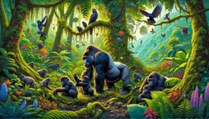 A lush, vibrant rainforest teeming with a variety of flora and fauna. At the heart of the image, there's a family of gorillas: an adult male silverback, an adult female and two young gorillas playing, emphasizing their existence in their natural habitat. Notice the surrounding details like birdlife, insects, and other smaller mammals that populate the same environment. Make sure that the atmosphere is peaceful, and rich in biodiversity, showcasing the essence of the wild habitat that hosts gorillas.