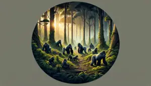 Visual representation of a group of gorillas in their natural habitat within a dense forest. The gorillas are interacting with each other in a peaceful manner. Some are foraging, while others are resting near the tree trunks or playing with each other. The scenery does not contain any text or human figures. Also, there are no brand names or corporate logos within the image.