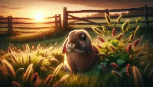 Imagine a detailed countryside setting at sunset. In this tranquil scene, a Mini Lop rabbit is the central focus. This adorable creature, with its characteristic droopy ears, is a rich-hued brown and possesses an air of gentle tranquility. It sits surrounded by gently swaying grasses, with a rustic wooden fence visible in the distance. Blooming wildflowers, which are specks of vibrant colors amid the soft green prairie, add charm to the overall composition. The warm hues of the setting sun cast everything in soft light, highlighting the tranquil beauty of the scene. No humans, text, or brand names are included.