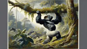 A detailed depiction of a powerful gorilla demonstrating its strength in a natural jungle environment. The gorilla is observed in the midst of performing an action that showcases its might, possibly by lifting a large tree branch effortlessly. The surrounding environment is lush and full of diverse, unspecified flora. The image portrays afternoon lighting casting medium shadows on the gorilla and the scenery.