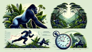 An illustrated infographic without text showing different scenes: 1) A gorilla sitting majestically in a dense, lush, tropical rainforest, signifying its natural habitat. 2) A side view of the gorilla in mid-stride, showing its formidable strength and muscular build, symbolising its potential speed and agility. 3) A stopwatch, demonstrating the concept of measuring speed. All elements should evoke a sense of dynamism and speed without the use of words. There should not be any inclusion of people, brand names, logos or textual cues anywhere within the image.