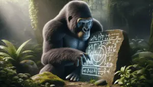 A realistic depiction of a gorilla in the middle of a jungle. The gorilla is sitting in front of a primitive drawing etched into a stone tablet, showing a simple mathematical equation. The gorilla has an aura that portrays intelligence, characterized by furrowed brows and focused eyes, as if deep in thought about the equation. Use natural colors and avoid any artificial elements. There are no humans, text, brand names, or logos in the scene.