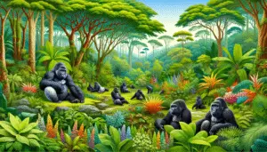 A detailed and colorful scene depicting the typical wild habitat of gorillas. Include lush green dense forests indicative of the African rainforest. There can be gorillas of various sizes and ages, lounging, eating, or playing in their natural surroundings. Include flourishing vegetation, with bright, vibrant plants and trees spread out. Tall trees creating a natural canopy and myriad flora and fauna characterizing the rainforest. The ambiance of the scene should communicate a serene and undisturbed natural environment. Make sure to exclude any human presence, textual elements, and brand logos from the image.