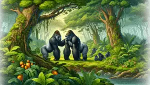 A picture suitable for an article addressing the topic of gorilla mating behaviors. The scene depicts a lush jungle in the mid-day. Two adult gorillas are visible, noticeably different in size, a trait indicative of gender differences in the species. They are within a respectful distance of each other, hinting at social interaction but without explicit mating behaviour. The nearby trees are full of tropical fruits indicating a rich, nourishing environment. There are no human beings present in the picture, also no text or brand names are included anywhere in the image. Keywords: gorillas, jungle, social interaction.