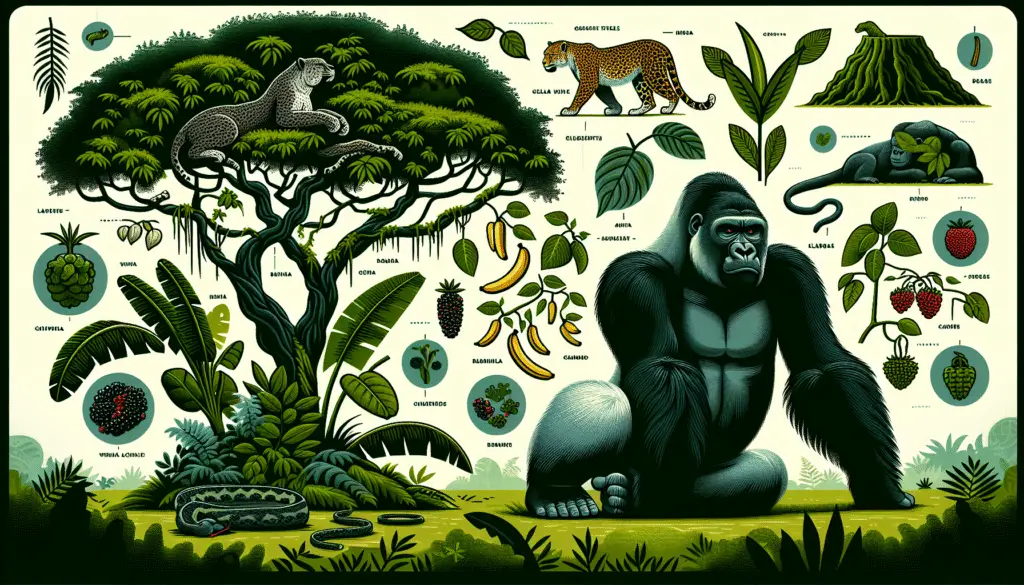 Illustration that represents the diet of gorillas in the wild. On the left, depict a healthy and robust silverback gorilla lounging in its natural rainforest habitat. Around the gorilla, depict various plants such as banana trees, bamboo, and wild berries, indicating what gorillas eat. On the right side of the image, depict the potential natural predators of gorillas, including leopards hiding behind lush foliage, ready to pounce, and large snakes coiled on tree branches. Ensure no human figures, text items, or brand names within the image.