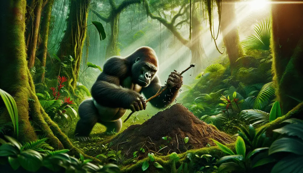 A wild gorilla in its natural habitat: a green, lush jungle. It's skillfully using a stick to retrieve termites from a mound, demonstrating a clear use of tools. This strong, muscular primate exhibits the use of intelligence and dexterity, elevating the usual perception of animal instincts. The surroundings are vibrant, full of vivid exotic plants and trees, showcasing the diverse flora of the jungle. Sunlight pierces through the thick canopy, creating a spotlighting effect on this unique spectacle. The image is rich in detail but contains no signs, texts, or brand logos. There are also no humans present.