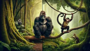 Generate an image depicting the contrast between gorillas and monkeys. On one side, illustrate a large, broad chested gorilla with dense black fur, sitting majestically in a lush, tropical rainforest. On the other side, depict a smaller, light and agile monkey, such as a capuchin monkey, with brown fur and prehensile tail swinging enthusiastically between tree branches in a similar tropical environment. The two animals should be separated by a thin, clear boundary to denote the difference between the two species. Ensure that there are no humans, brands or text present in the scene.