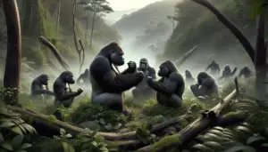 Visualize a detailed scene in the heart of a lush jungle, with several gorillas engaging in different forms of communication. One gorilla might be beating its chest to signify dominance, while another could be engaging in grooming behavior as a form of social bonding. Another gorilla might be using facial expressions to signal emotions to its kin. Add details like the dense vegetation, the misty atmosphere, and distant log-encrusted hills in the backdrop. The focus should be on the gorillas' actions and interactions, displaying a variety of communication methods, without the presence of humans, text, brand names, or logos.