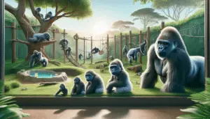 A tranquil scene depicting the environment of a gorilla in captivity without any human presence. Focus on the elements that indicate their lifespan, such as a progression of a single gorilla from youth to old age, taking it from playful infant to a wise, silver-haired elder. The scene should be within the zoo setting, displaying a variety of enrichment items such as toys, climbers but without any text or brand logos. As the background, include trees, grass, and open sky to give a sense of its open-air enclosure.