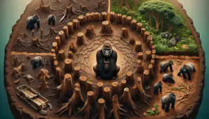 An image depicting a variety of threats faced by gorillas in their natural habitat. The picture includes deforestation with empty tree stumps, poaching represented by a trap that doesn't feature any human elements, and climate change symbolized through a half lush, half dry environment. The center of the frame features healthy gorillas in a small protected lush area, surrounded by these threats, reflecting their precarious position. But despite the danger, the resilience of the gorillas shines through their continence. No logos, brand names, or human factors are visible.