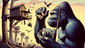 Illustrate the interaction of gorillas with humans. The image should be void of people to represent interaction symbolically. Imagine indirect interaction methods such as a gorilla looking curiously at a discarded piece of human technology, like an unbranded, antique camera or a book with no visible text. Also, depict a gorilla observing human-built structures like treehouses or bridges in the distance. There should be no brand names or logos present within the image, keeping every object generic. Remember, none of the items should bear any text and the image should not include any textual characters.