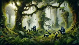 A lush representation showing the typical habitat of a Mountain Gorilla. This depicts a misty rainforest with thick, dense vegetation varying in shades of vivid green. Large trees with intertwining vines, expansive ferns, and odd flowers form a layered composition. A family of Mountain Gorillas are seen in the middle, interacting naturally. The large silverback gorilla is seen foraging, while the others are shown in different natural positions, like a young gorilla playing with tree branches, and a female nurturing her baby. The image captures all, without showcasing any human presence, textual information, or brand logos.