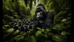 A dominant silverback gorilla in the heart of a dense tropical rainforest. He is leading his troop, including younger males, females, and infants, through the lush foliage, demonstrating his crucial role in ensuring their safety and survival. A narrative of leadership and responsibility unfolds - watchful eyes scanning the environment for any potential danger, teaching the young ones to forage for food, ensuring discipline and social order within the troop. The majesty of the silverback's presence is undeniable, embodying not only strength but also wisdom, set against the backdrop of a verdant, abundant ecosystem.