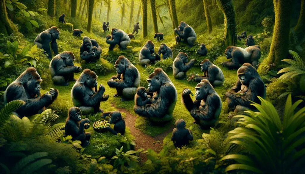 A haven of lush greenery in the wilderness, where a group of majestic gorillas are seen engaging in social behavior. All activities should reflect their natural habitat and non-aggressive play. At the center, a mother gorilla is cradling a young infant, while others are seen grooming each other. In the background, a couple of gorillas are peeling and eating fruits. No text or human figures are in the frame, and the image should avoid any direct or implicit representation of brand logos or names.