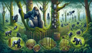 An image depicting a lush jungle with a family of gorillas, featuring a large silverback, female gorillas, and playful juveniles. Scattered across the picture are glimpses of conservation efforts: signs of responsibly-built fences providing a buffer zone from human activity, camera traps attached to trees for monitoring, and forest regeneration areas marked with small protective enclosures around young trees. An overall atmosphere of natural harmony and diligent vigilance shines through the image.