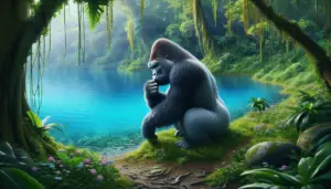 A thought-provoking scene presenting a gorilla near a body of water, contemplating the watery depths. This magnificent specimen of a gorilla appears curious, standing beside a vibrant blue, untouched lake in the heart of an exotic jungle. Tropical green foliage and wildflowers surround the gorilla, adding to the natural setting. The gorilla exudes tangible hesitance, but also an air of curiosity, embodying the eternal question of its ability to swim. No humans are present in the scene, and it's devoid of any identifiable branding or textual content.