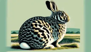 Generate a detailed and serene illustration depicting a Checkered Giant rabbit, a breed known for its distinctive pattern. The rabbit should be large and healthy, with spots of black and white across its fur to reflect its unique checkered pattern. The rabbit should be situated in a calm, brewster green grassland setting, radiating tranquility and peace. To accentuate the focus on the rabbit, there should be no people, text, brand names, or logos in the image. A gentle afternoon light, casting long, soft shadows, should illuminate the scene.