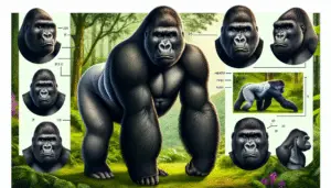 An educational depiction focusing on the physical characteristics of gorillas. The image must showcase a life-size, fully mature gorilla standing in a typical stance in its natural habitat, such as a rainforest. The gorilla should have a muscular body, a broad chest, and heavy, broad hands. Facial details such as piercing dark eyes, large nostrils, and a strong, square-shaped jaw should be highlighted. Also include distinctive features like a sagittal crest on the head and silver hair on the back for a silverback gorilla. There should be no people, brand names, text, or logos in the image.