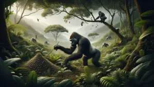 Visual representation of a gorilla adapting to its environment. The scene unfolds in a dense jungle filled with rich and diverse flora. The gorilla, in the center of the image, can be seen using a stick as a tool to get ants from an anthill, demonstrating their intelligence and adaptability. Another gorilla is spotted high up in a tree, utilizing its strength and agility to travel and gather food. The weather is misty, suggesting the valley regions of their natural habitat like the misty mountains. No human presence, text, brand names or logos are in the environment.