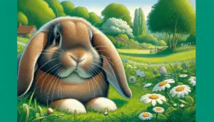 A detailed visual representation focused on the French Lop, a particular breed of rabbit known for its characteristic large and drooping ears. The scene is set on a sunny day within a bucolic pastoral setting, showing the creature up close to observe its smooth fur texture, its pronounced whiskers, and large, glossy eyes. It's sitting on lush green grass, little white daisies interspersed in the area around it, and a dense grove of trees visible in the background. Its large ears hang down on either side of its round, plump body. There are no logos, people, or written text present within the visual depiction.