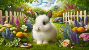 Imagine a Dwarf Hotot rabbit, adorable and at peace, sitting in a tranquil garden. The setting is idyllic and serene, with vibrant green grass, blooming flowers of vivid hues like periwinkle, goldenrod yellow, and blush pink peppering the landscape. An idyllic wooden fence forms the enclosure. There are a few butterflies alight on the flowers adding to the garden's charm. Please note, the image should focus on a single Dwarf Hotot rabbit, its distinctive white fur and black ring around its eyes, however, there are no people, brand names, logos or any form of text in the image.