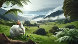 Visualize a typical rural landscape with foggy mountains and green pastures. In the center, a New Zealand Rabbit, a breed known for its alabaster white fur and red eyes, is nibbling on some fresh grass. The panorama also features native flora such as silver ferns and Pōhutukawa trees, adding to the atmosphere of the serene New Zealand environment. Make sure not to include any text, brand logos, or human subjects within this idyllic scene.