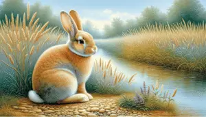 A tan rabbit sits peacefully in a calm meadow. Its fur is warm and earthy in color, matching the tall, wispy grasses that surround it. A placid brook babbles nearby, its waters glistening under the gentle sunlight. A few wildflowers in colors of purple and yellow dot the serene landscape. There are no people, text, or brand names present in the image. The picture emanates a sense of tranquility, accentuated by the gentle, satisfied expression evoked from the quiet rabbit's features.