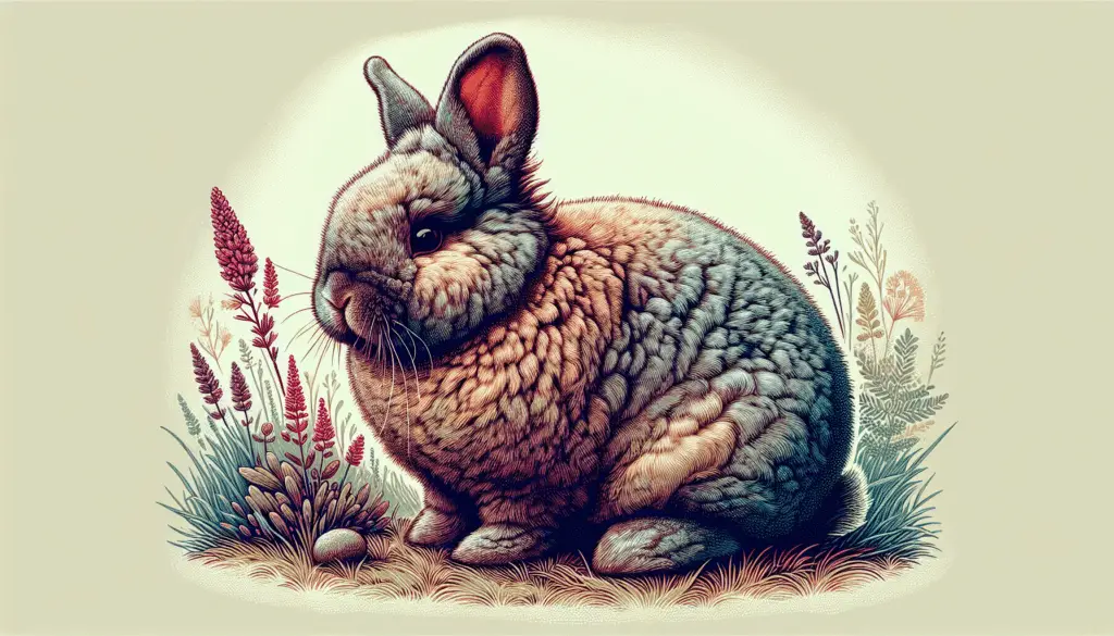 Create an artistic illustration that features a Mini Rex rabbit. The Mini Rex is a compact, small rabbit breed, known for its plush, velvety fur. Show its fur texture, round, cuddly body shape and short ears distinctively. The rabbit should be in a natural setting like a meadow or a grass field with lush vegetation and flowers. However, the focus should mainly be on capturing the unique characteristics of the Mini Rex rabbit. The color scheme should emphasize the softness of the rabbit's fur and exude a calm, peaceful atmosphere. The artwork should not contain any text, brand names, or logos, and should exclude human figures.