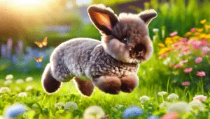 An adorable and fluffy rex rabbit hopping in a meadow, emphasized by his/her unique plush velvet-like fur characteristic of the breed. There is ample sunlight, making the rabbit's fur shine. The dynamic scene beautifully captures the rabbit in mid-air, surrounded by green grass and colorful flowers. The surrounding environment is vibrant, and you can see insects like butterflies fluttering around. Noticeable is the rabbit's round body, large eyes, perky ears, and short, soft fur with a rich color. There is no evidence of human presence, textual content, brand names or logos in the scene.