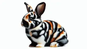 Create an image of a Harlequin rabbit isolated on white background. The rabbit should have the distinctive multicolored and checkered coat that is characteristic of this breed. There should be no human figures, logos, brand names, or text present within the image. The image should also not depict any products or other branded items. A natural, detailed, and unobstructed view of the Harlequin rabbit should be the central focus of the composition, captured with bright and vivid colors to emphasize the rabbit's unique coloration.