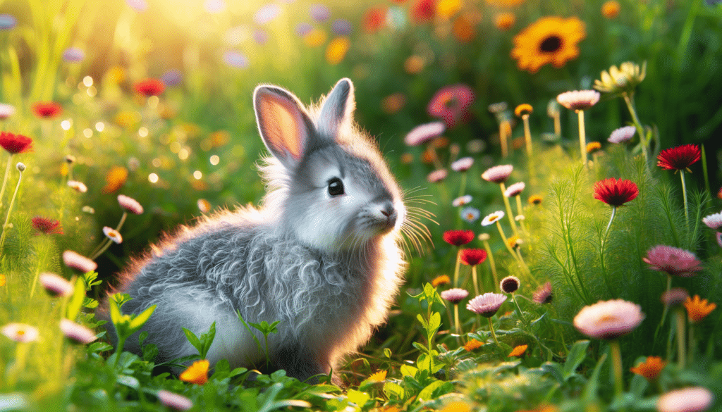 A detailed view of a Silver Fox Rabbit, in its characteristic plush silver coat, hopping in a lush green field adorned with colorful wildflowers. The rabbit has erect ears and bright, lively eyes. The gentle sun is casting light on the scene, creating a warm golden aura around the rabbit.