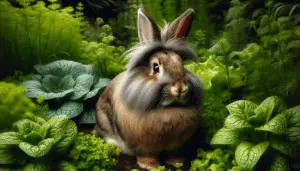 A detailed portrait of a Satin Rabbit, a popular breed known for its luxurious, shiny fur. The rabbit is frolicking in a lush, verdant garden filled with various types of plants. Emphasize specifically on the sheen and texture of the rabbit's fur, showcasing the characteristic luster of the Satin breed. The environment should be void of people or man-made artifacts and any branding or text. The image's focus should solely be on the rabbit and its behavior in a natural setting.