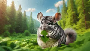 A peaceful day in a dense, green forest under a clear sky. A chinchilla of enormous size stands in the foreground, its impressive stature softened by its fluffy and supple grey fur. It is munching on what looks like a giant leaf. Despite its size, the chinchilla still maintains its endearing appearance, with large sparkling eyes, small ears and a round body, radiating an aura of gentleness and calmness. Throughout the scene, there are no people, brand names, logos, or text on any items visible.