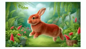 An image suitable for an article featuring the Thrianta Rabbit, a charming breed known for its bright red coat. The scenario reveals a serene garden setting with verdant foliage and flowers in different colors, setting a peaceful ambience. In the central position, a Thrianta Rabbit is seen delightfully hopping around, its red fur contrasting beautifully against the green background. It has long ears and a cute button nose. The image strictly avoids the inclusion of people, text, brand names, or logos to keep the focus entirely on the subject: the Thrianta Rabbit.