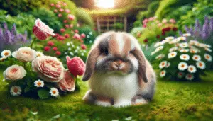 Visualize an adorable Holland Lop rabbit in a peaceful garden setting. The bunny is sleek and fluffy with large floppy ears, typical for Holland Lops, with mixed shades of light brown and white fur. The garden is lush and verdant, filled with a variety of blooming flowers such as roses, daisies, and tulips in vibrant colors, but devoid of any human intervention or presence. No textual information, brand logos, or people are to be included in this tranquil scene.