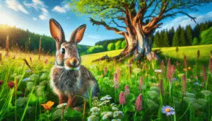 A quaint, vivid image of a European rabbit. The rabbit has soft, brownish-gray fur, bright eyes full of curiosity, and long, upright ears. It is spotting foraging in a lush meadow with blooming wildflowers and high grass. An old, gnarled tree marks the border where the meadow turns into a thick forest, while a clear blue sky tops the scene. Please, ensure there are no signs of human influence - no text, brands, logos, or people present in the image. The focus is solely on the rabbit and its natural habitat.