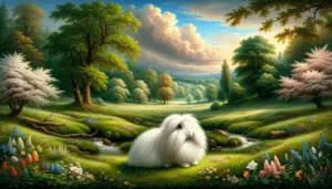 An enchanting depiction showcasing the English Angora rabbit, set within a serene picturesque landscape. The fluffy creature showcasing its long, soft wool, is center to the image, contrasted against a backdrop of lush, green grass with blooming wildflowers scattered around. Beyond the immediate foreground, there's a mix of deciduous trees, their leaves painted with the hues of an approaching sunset. However, no textual content, people, or identifiable brand logos feature in this tranquil scene. A gentle brook further adds a soothing aura to the landscape. The English Angora rabbit quietly grazing, the epitome of calm and peace.