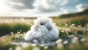 An image showcasing the delicate and fluffy appearance of a French Angora rabbit. This adorable, long-furred creature is seen in a naturalistic setting, perhaps a grassy field sprinkled with wildflowers under a bright, serene sky. Focus on the highlights of the French Angora's fur quality, like its softness and sheen, without introducing any text or brand references. The scenery should emphasize calm and tranquility, with soft, pastel colors and a distinct lack of human presence. Ensure all elements uphold the demand for no text or branding within the image.