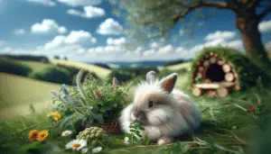 Display an image capturing the essence of a beautiful, fluffy German Angora rabbit in a picturesque outdoor setting. The rabbit should be peacefully nibbling on some lush green foliage. The settings may consist of a rolling meadow under a soft blue sky with a few fluffy white clouds drifting in the backdrop. Also, add a warren decorated with small, colourful wildflowers near the rabbit. No text, brand names, logos or human presence should be included in this image.