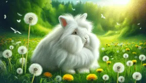 Produce an image that represents a Giant Angora rabbit, the main topic of the intended article. Keep the illustration vibrant yet realistic: A large, fluffy, healthy, and happy Giant Angora rabbit sitting peacefully in a natural setting. It's in a lush, green grassy field, surrounded by dandelions. The noon light softly illuminates the scene giving it a peaceful yet lively feel. The fur of the rabbit is predominantly white, making it stand out against the lush green. There are no text, brand names, logos, or humans present in the image.