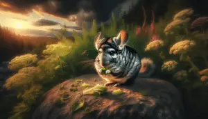 Visualize a scene focusing on a standard chinchilla. The chinchilla is in its natural habitat, non-urban settings. It is seated on a rock, nibbling on a small piece of vegetable. To evoke an immersive feel of the surroundings, add lush green flora in the background with beautifully blossoming wildflowers. The sun is partially setting with a dusky sky, producing an atmospheric condition with elongated shadows and rich, warm color palette. Although the setting is outdoors, there are no other animals or humans. Please maintain a clear focus on the chinchilla without any text or brand names in the image.