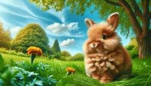 An adorable, soft, and fluffy cinnamon-colored rabbit in a calm, outdoor setting. The rabbit is sitting upright, its ears perked up out of curiosity, surrounded by lush green grass. Nearby, a couple of marigold flowers peek through the foliage. In the distance, deciduous trees underneath a clear, cerulean sky form a serene backdrop. The image exudes a peaceful vibe, and the rabbit's cinnamon shade beautifully contrasts with the surrounding vegetation and bright sky.