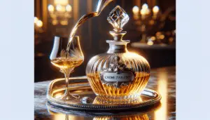 A visual depiction of the phrase 'Creme d’Argent' without the direct text, people, or brand logos included. Showing a luxurious scene of a creamy, golden-colored liquid flowing from an ornate, unbranded decanter into a crystal glass. The ambient light reflects exquisitely against the golden hues of the liquid enhancing its creamy texture and richness. The background suggests an elegant setting with a silver tray on a marble countertop, perhaps in a grand mansion or an upscale hotel. The atmosphere should evoke luxury, elegance, and extravagance.