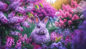 Create an image focused on a lilac-colored rabbit situated within a blossoming spring meadow. Its fur mirrors the color of the surrounding lilac bushes in full bloom, an image of calm serenity. Its surroundings are vibrant and filled with various types of flora, devoid of any human influence. The environment is characterized by an array of different shades and tones of purples and greens, giving the scene a uniquely spring-like color palette. No text, brand logos, or individuals are present in the scene.